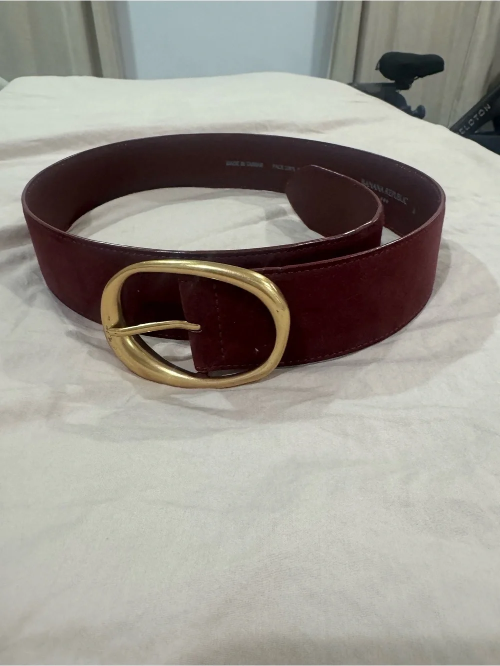 Banana Republic Wide Burgundy Belt with Gold Oval Buckle